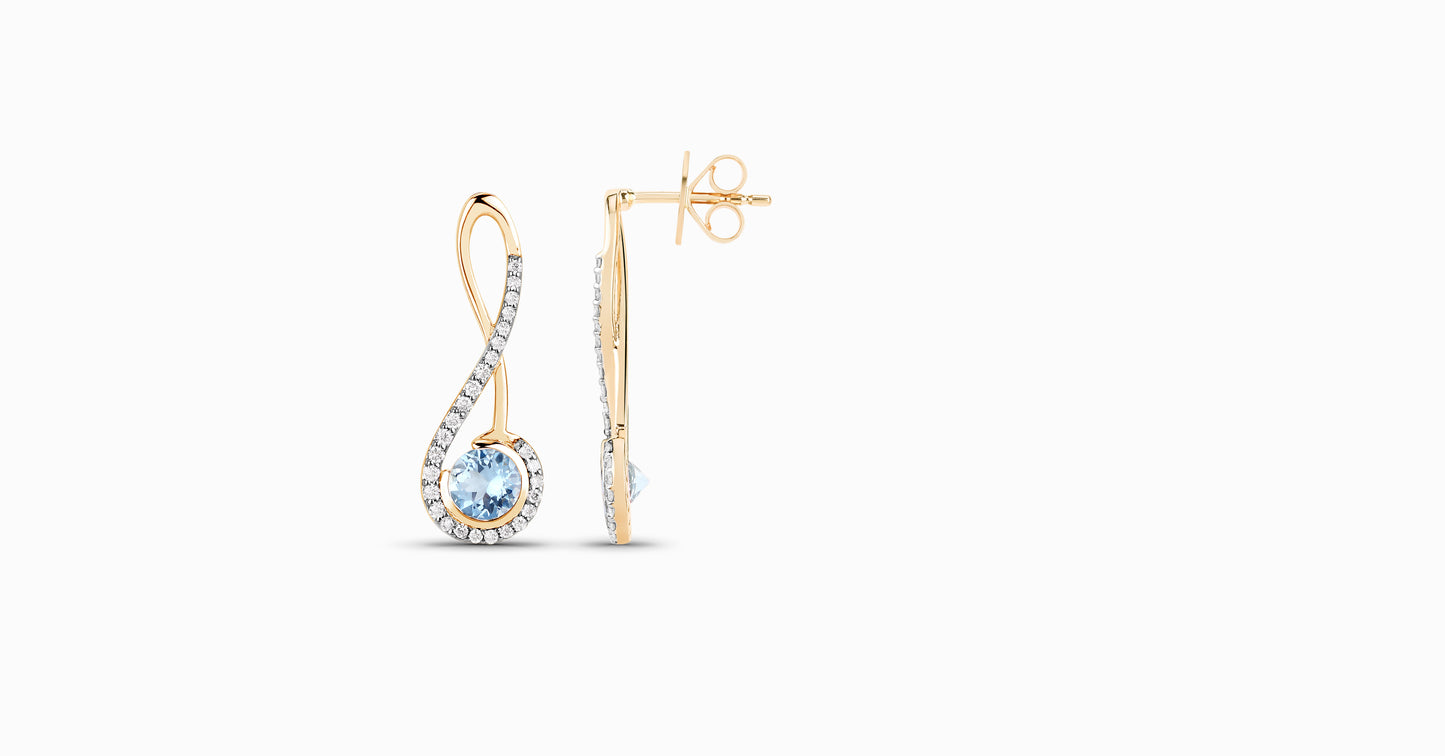 14kt yellow gold earrings with round-shaped aquamarine and pave diamonds
