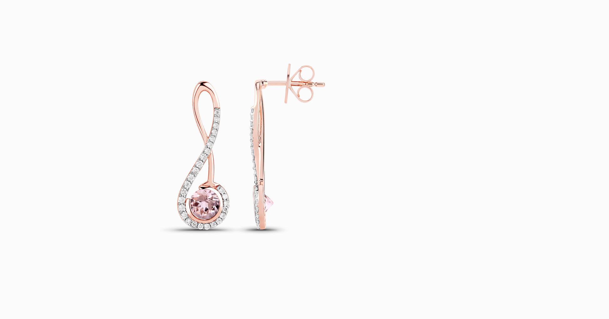 14kt rose gold earrings with round-shaped morganite and pave diamonds