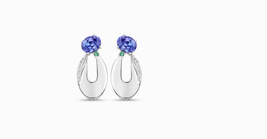 14kt white gold earrings with oval-shaped tanzanite, round-shaped tsavorite and pave diamonds