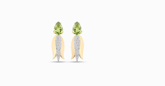14kt yellow gold earrings with pear-shaped peridot and pave diamonds