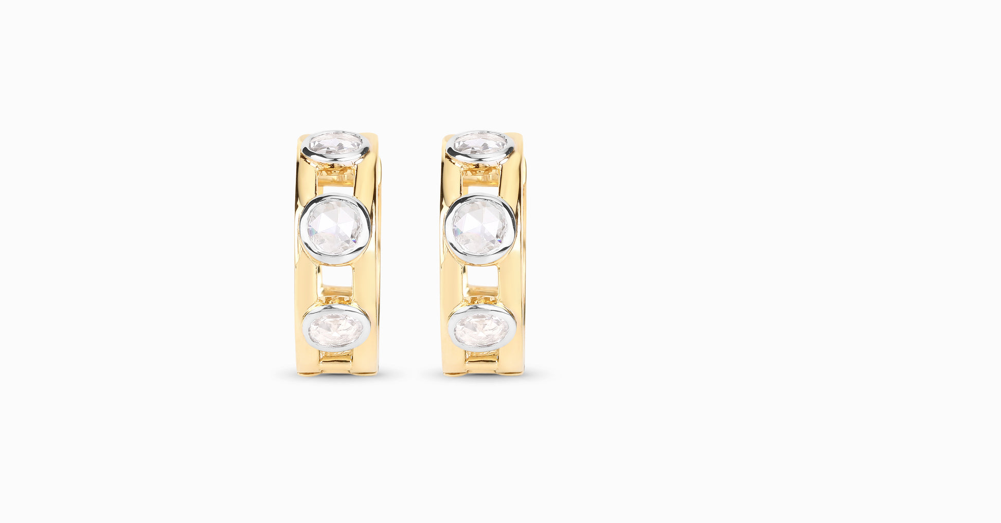 14kt yellow gold hoop earrings with round-shaped and oval-shaped rose-cut diamonds