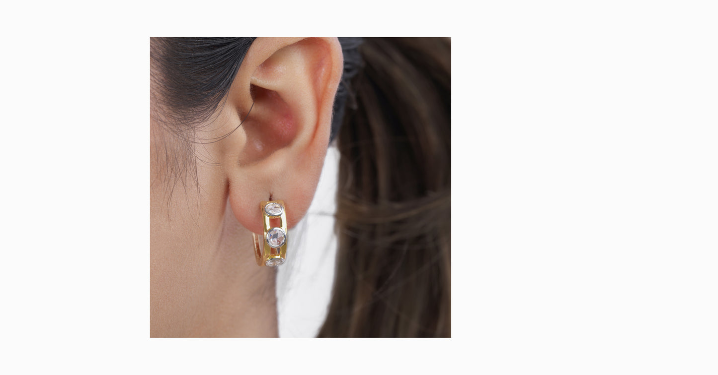 14kt yellow gold hoop earrings with round-shaped and oval-shaped rose-cut diamonds