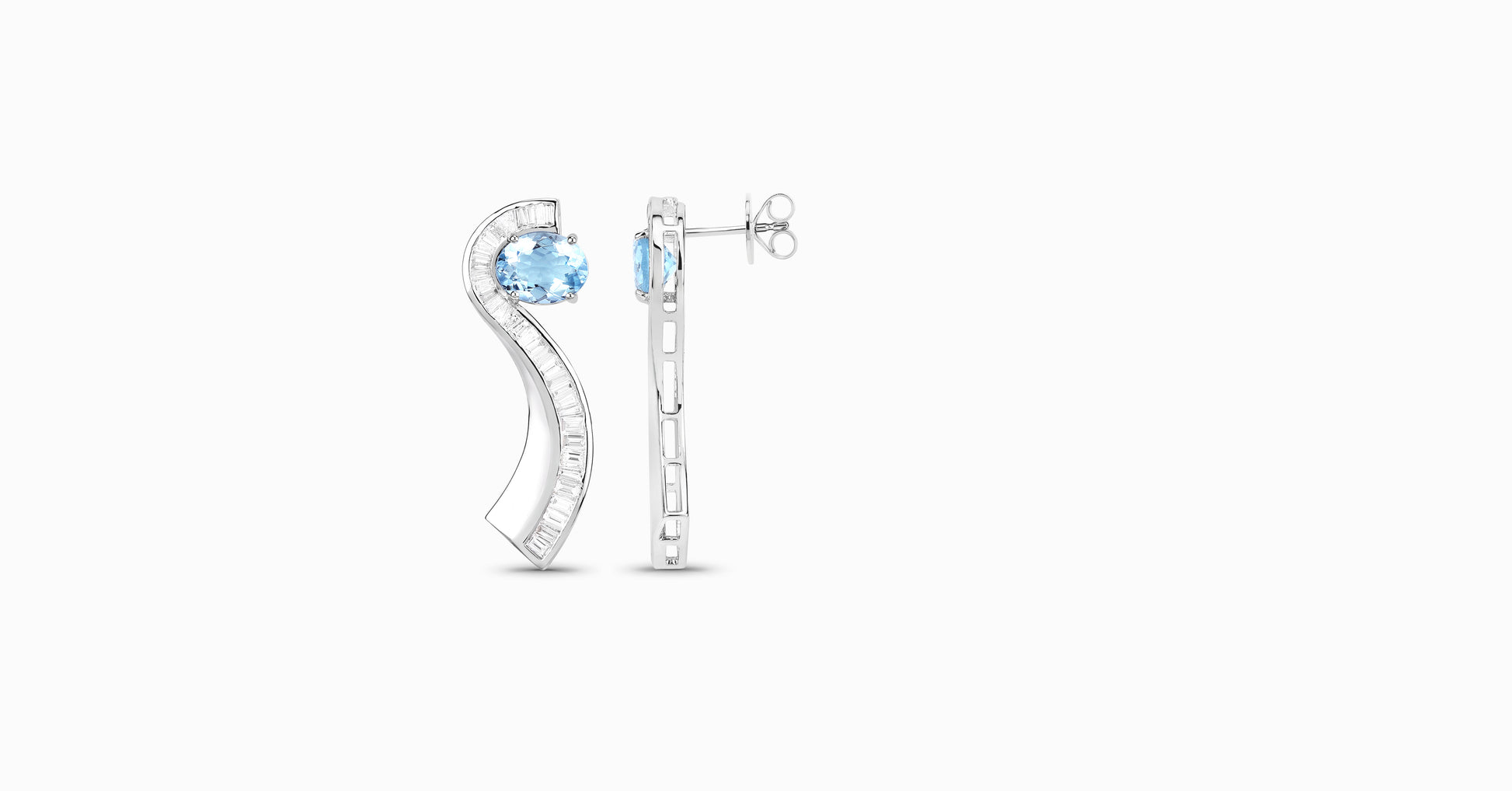 14kt white gold earrings with oval-shaped aquamarine and channel diamonds