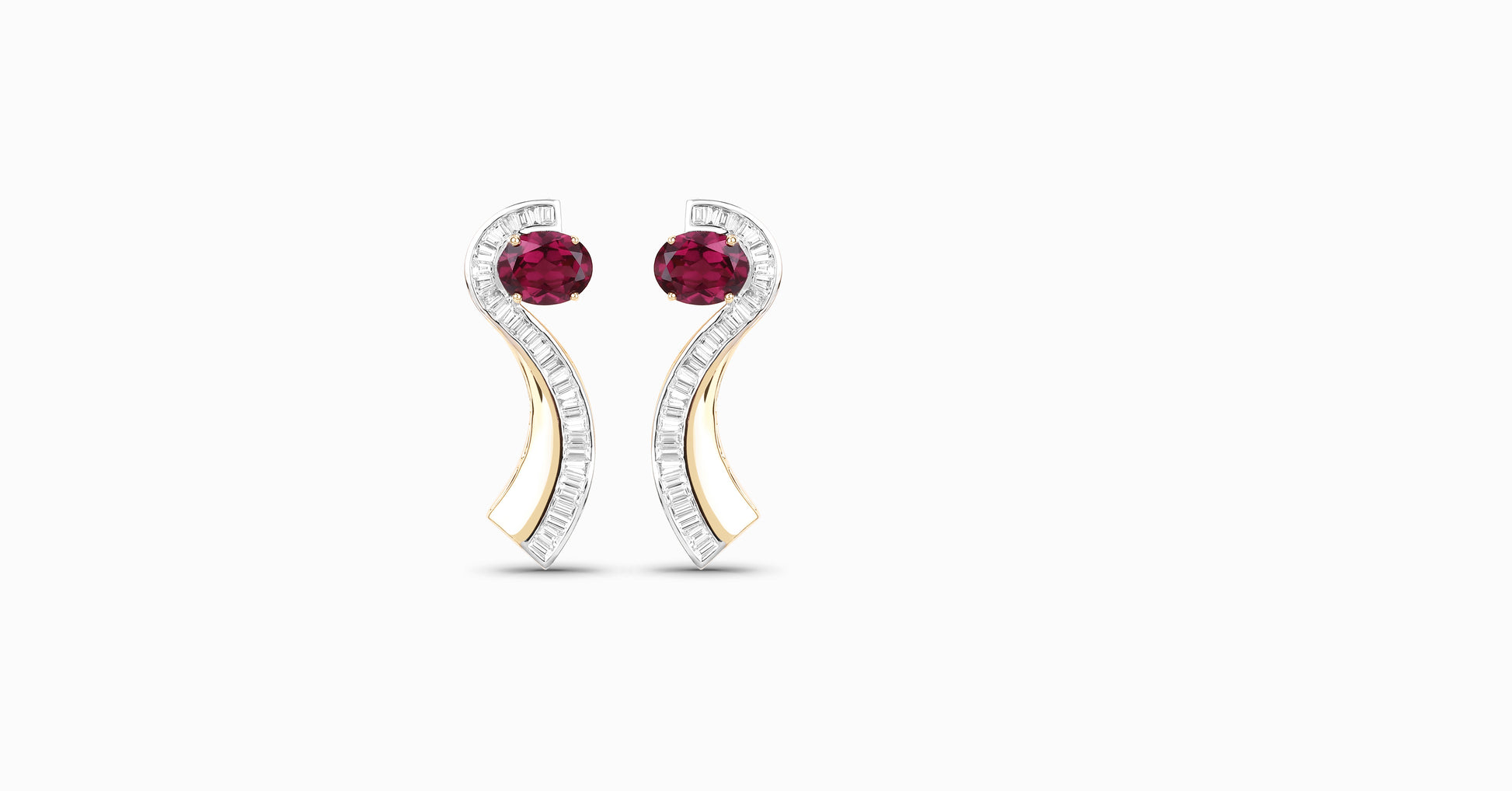 14kt yellow gold earrings with oval-shaped rhodolite and channel diamonds
