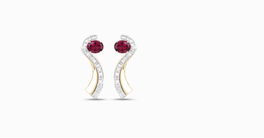 14kt yellow gold earrings with oval-shaped rhodolite and channel diamonds