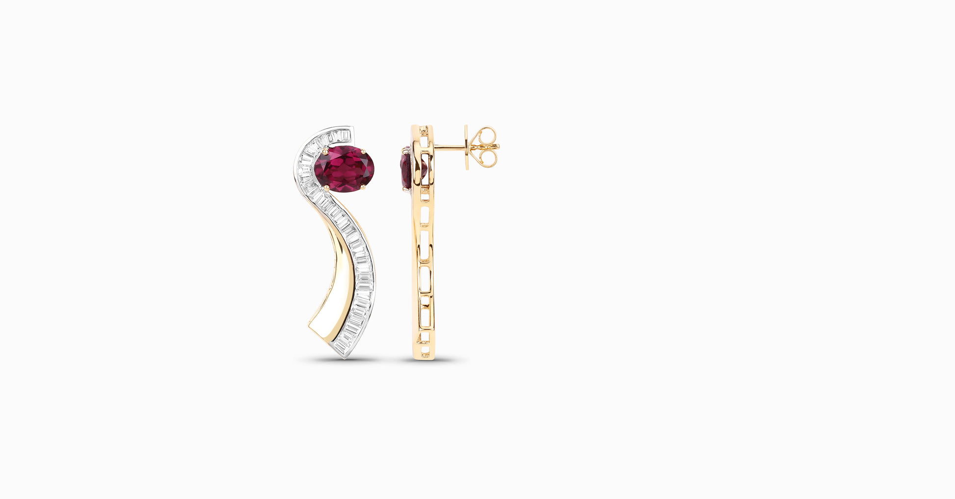 14kt yellow gold earrings with oval-shaped rhodolite and channel diamonds