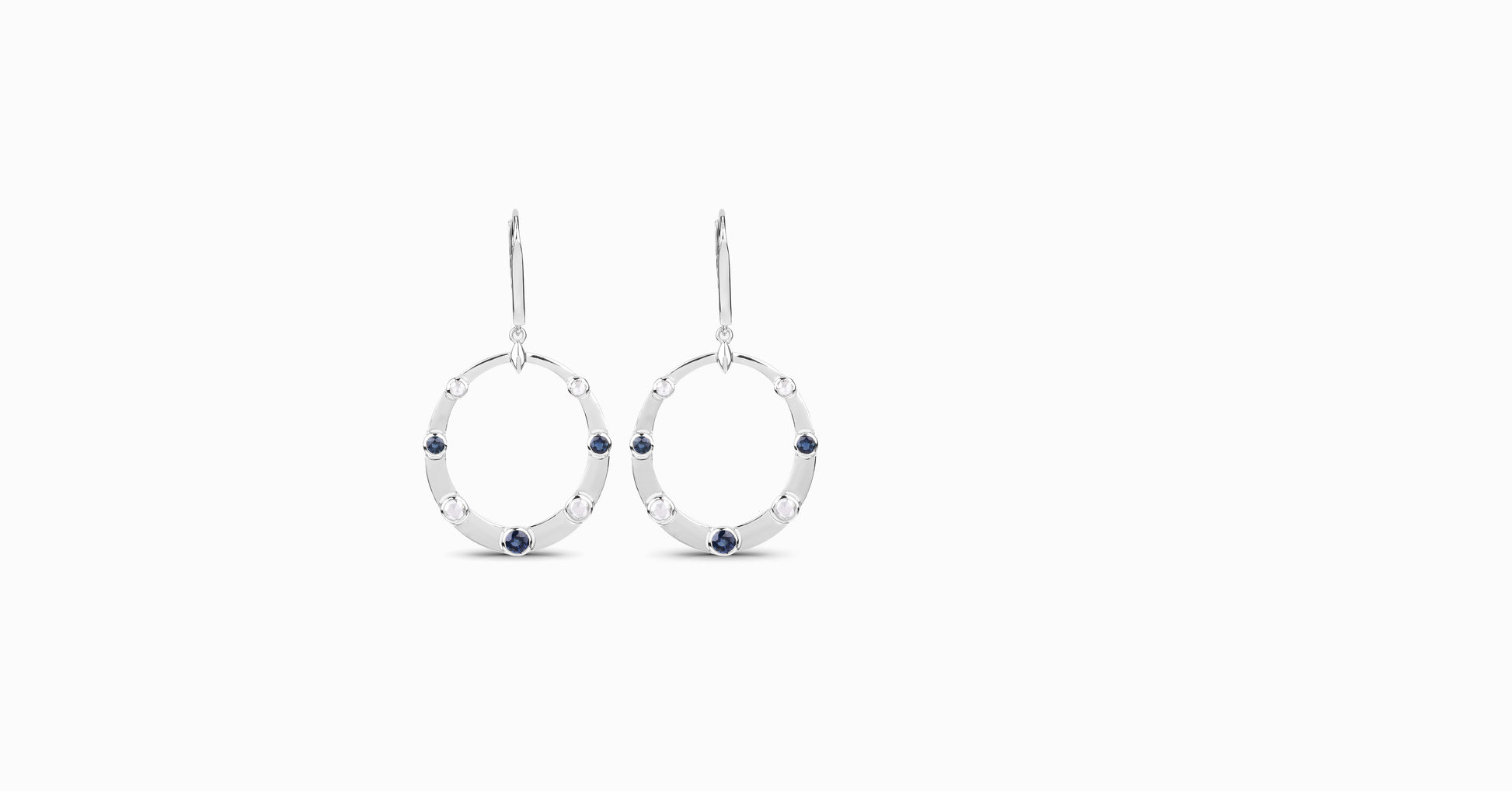 14kt white gold drop earrings with round-shaped sapphire and bezel diamonds