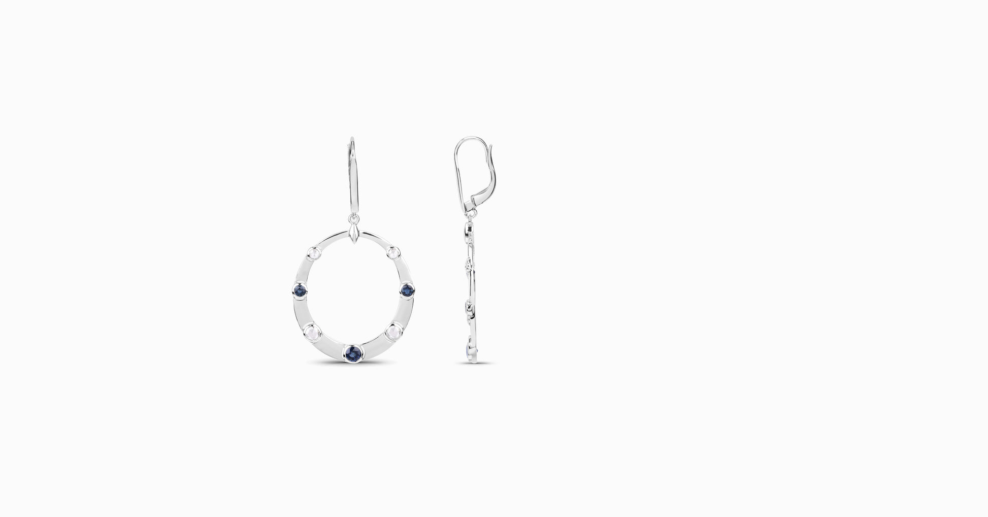 14kt white gold drop earrings with round-shaped sapphire and bezel diamonds