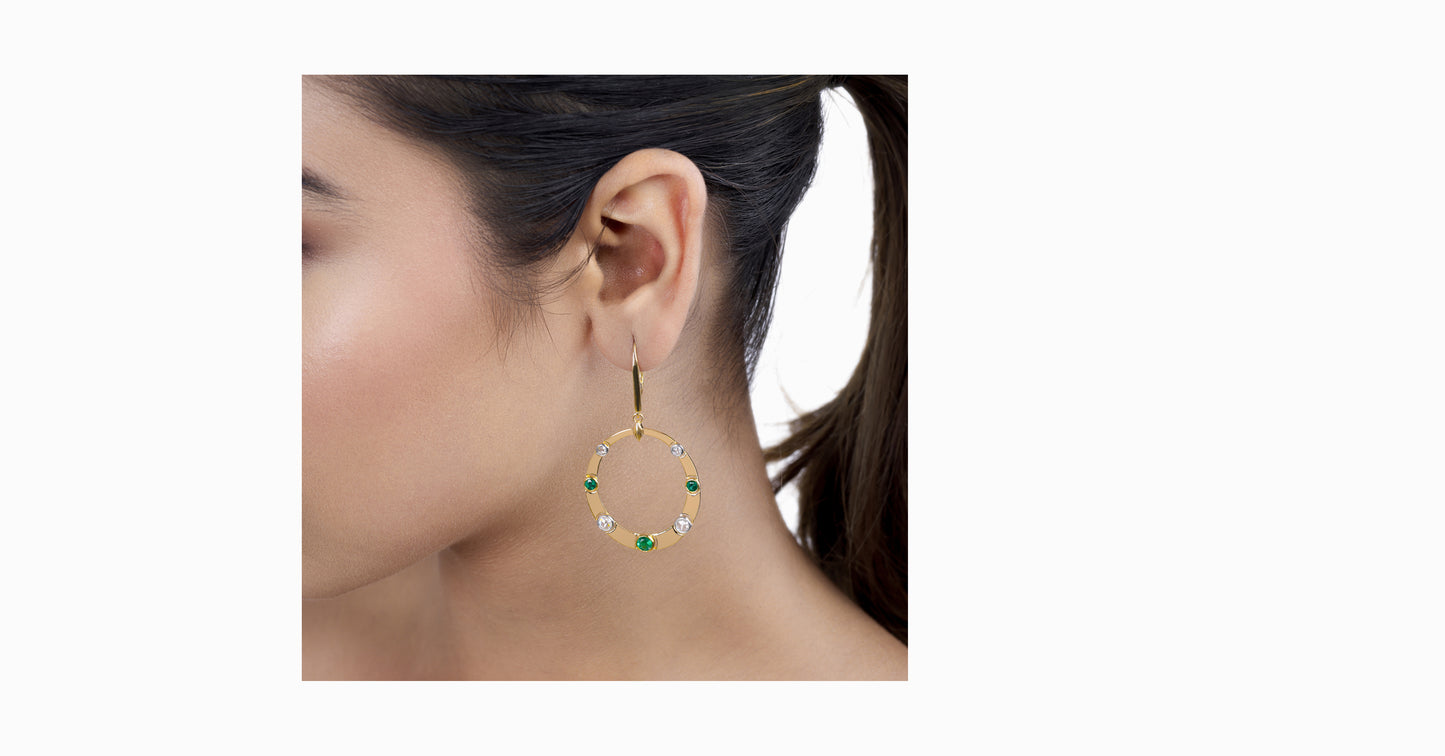 14kt yellow gold drop earrings with round-shaped emerald and bezel diamonds