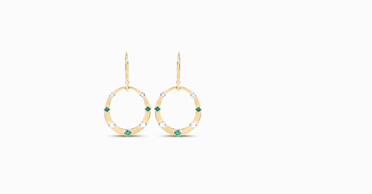 14kt yellow gold drop earrings with round-shaped emerald and bezel diamonds