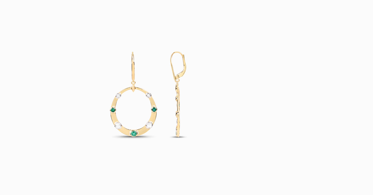 14kt yellow gold drop earrings with round-shaped emerald and bezel diamonds