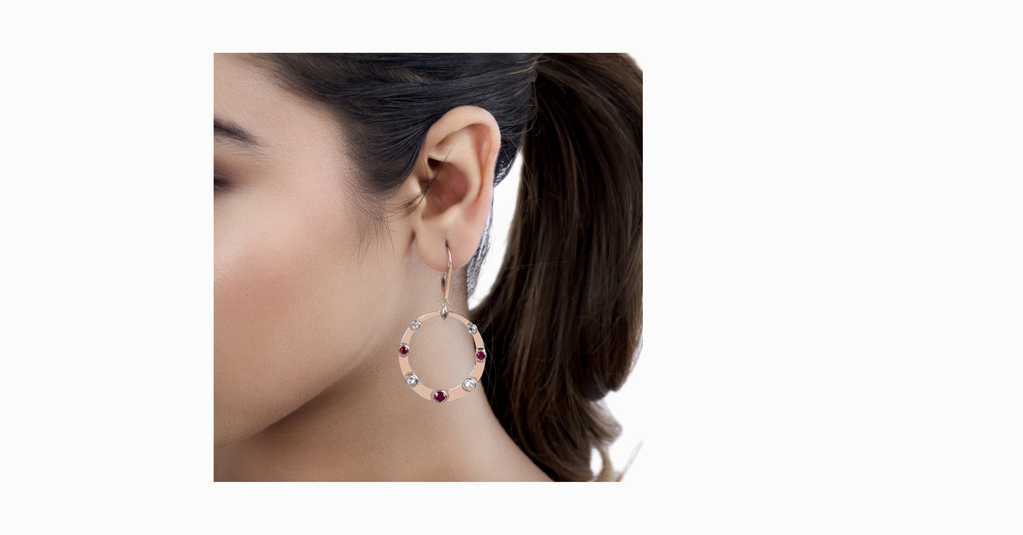 14kt rose gold drop earrings with round-shaped ruby and bezel diamonds