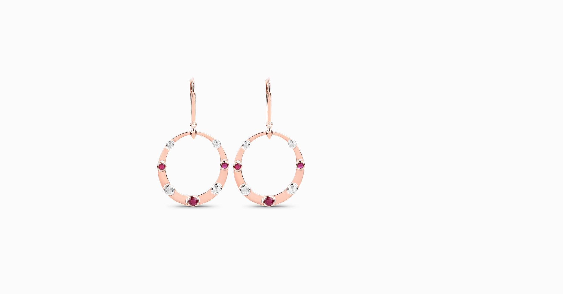 14kt rose gold drop earrings with round-shaped ruby and bezel diamonds