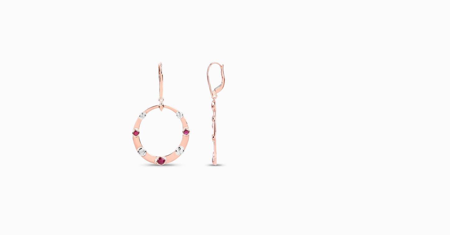 14kt rose gold drop earrings with round-shaped ruby and bezel diamonds