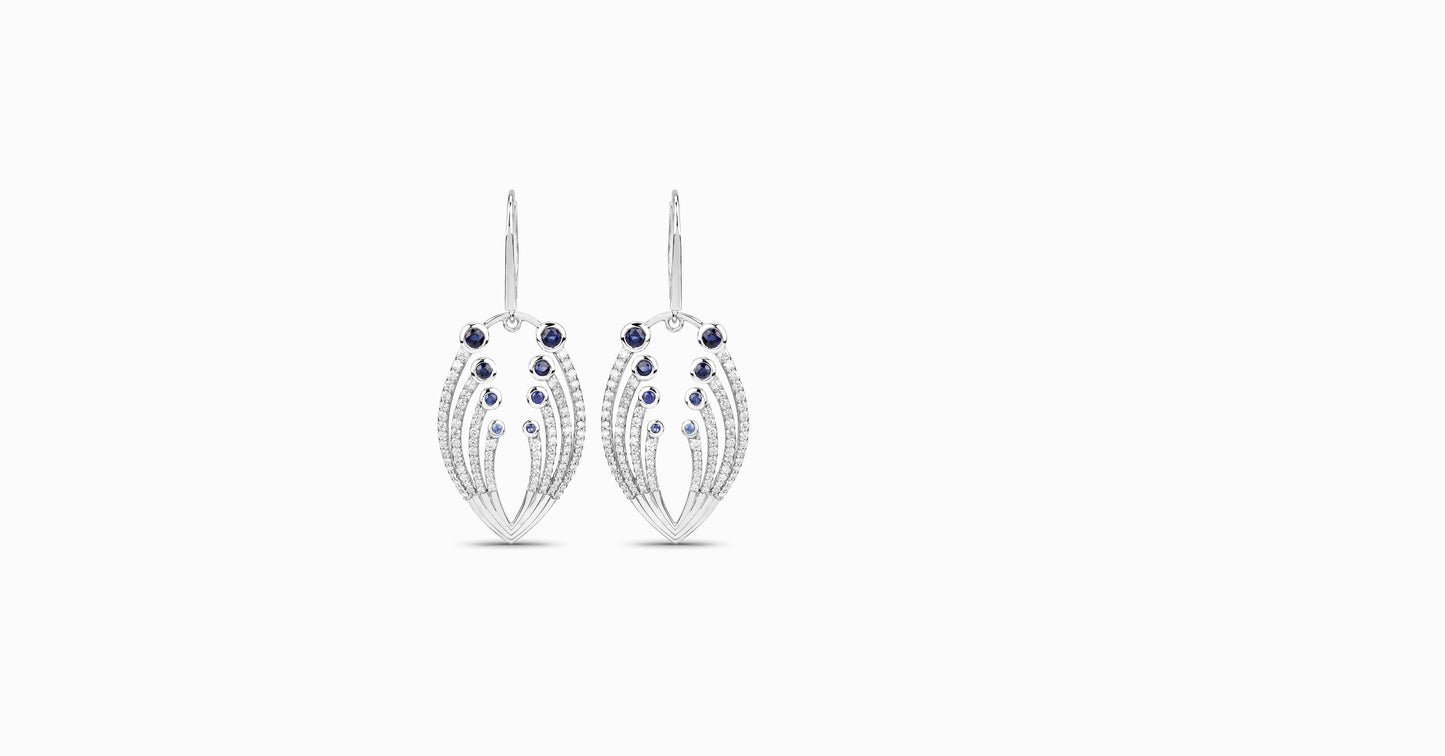 14kt white gold earrings with round-shaped blue sapphire and pave diamonds