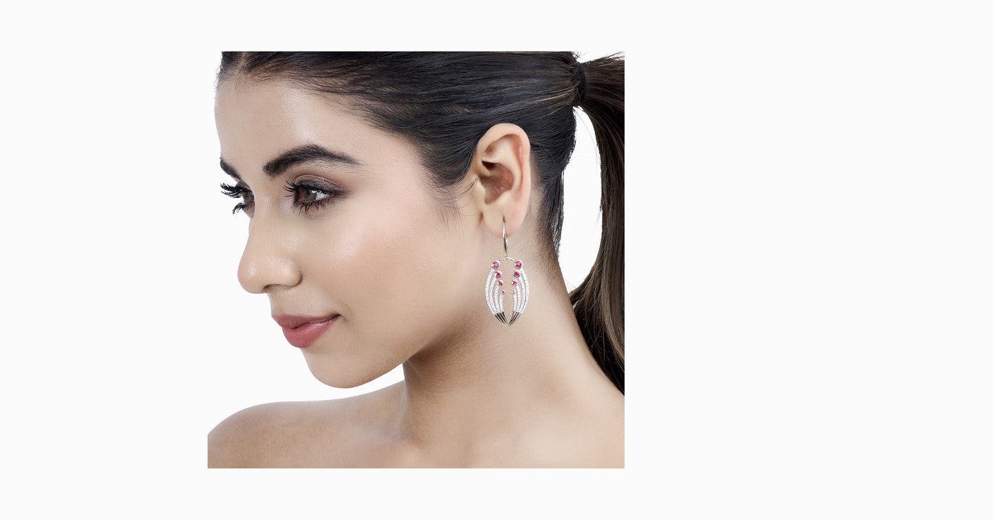 14kt rose gold earrings with round-shaped ruby and pave diamonds