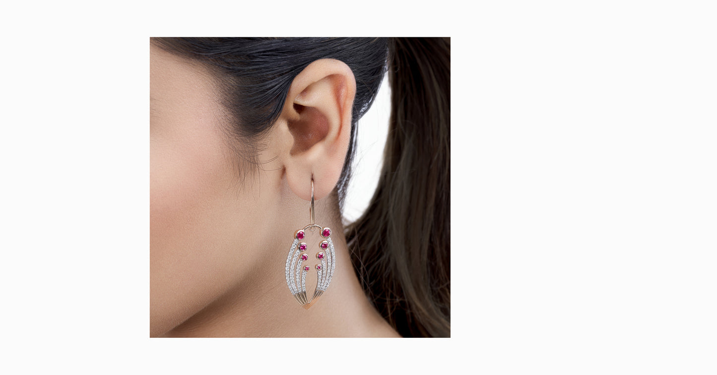14kt rose gold earrings with round-shaped ruby and pave diamonds