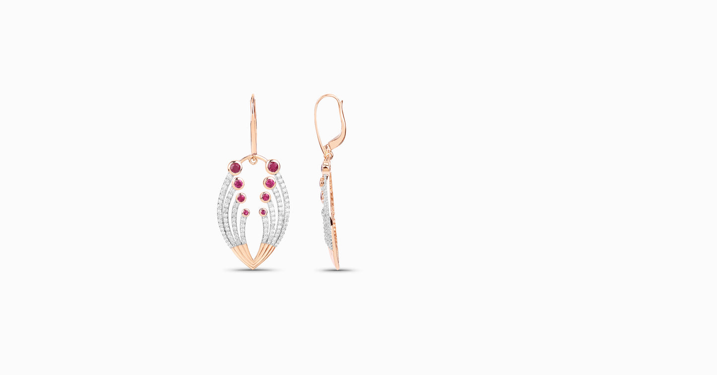 14kt rose gold earrings with round-shaped ruby and pave diamonds