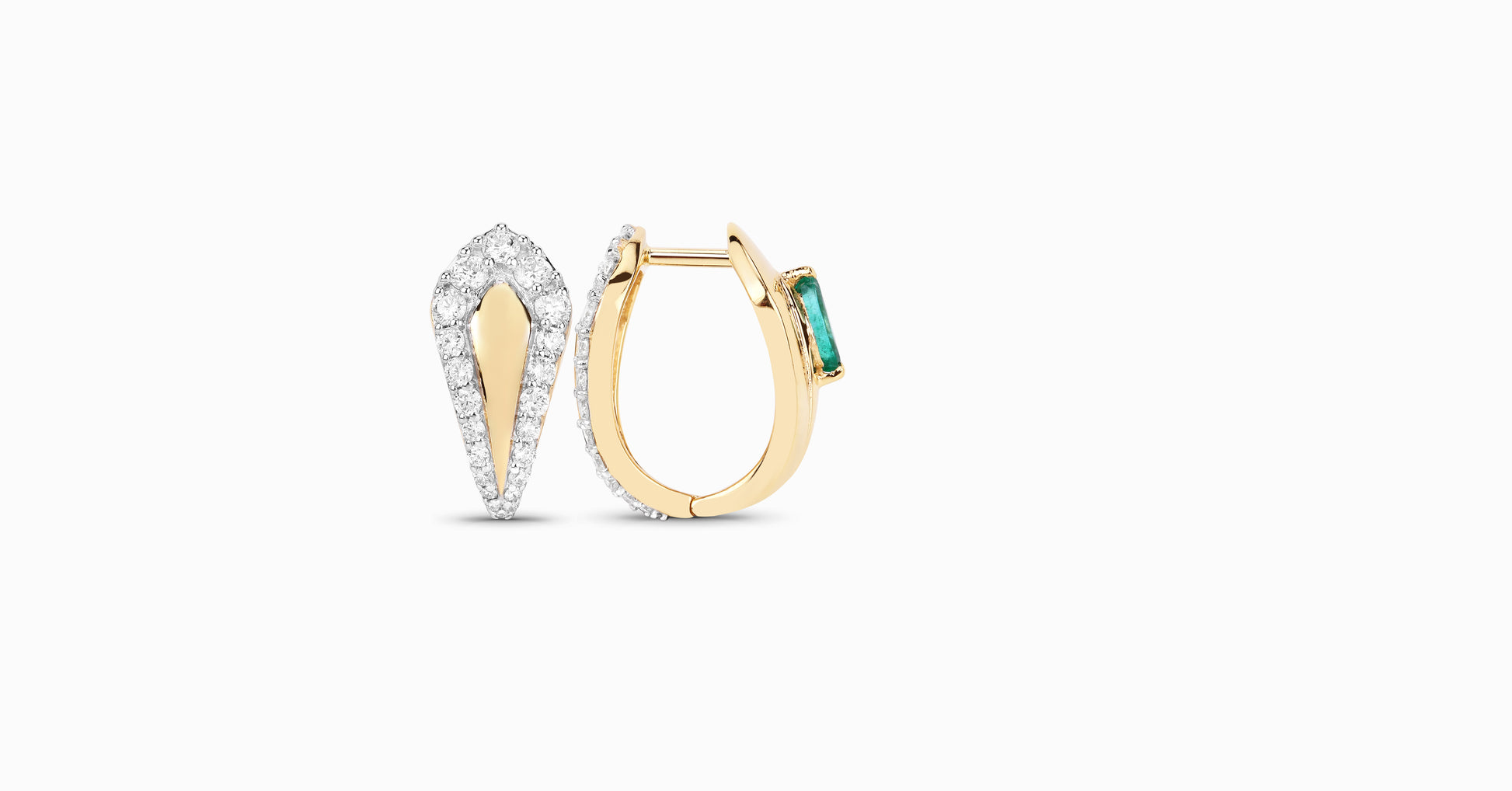14kt yellow gold earrings with marquise-shaped emerald and pave diamonds