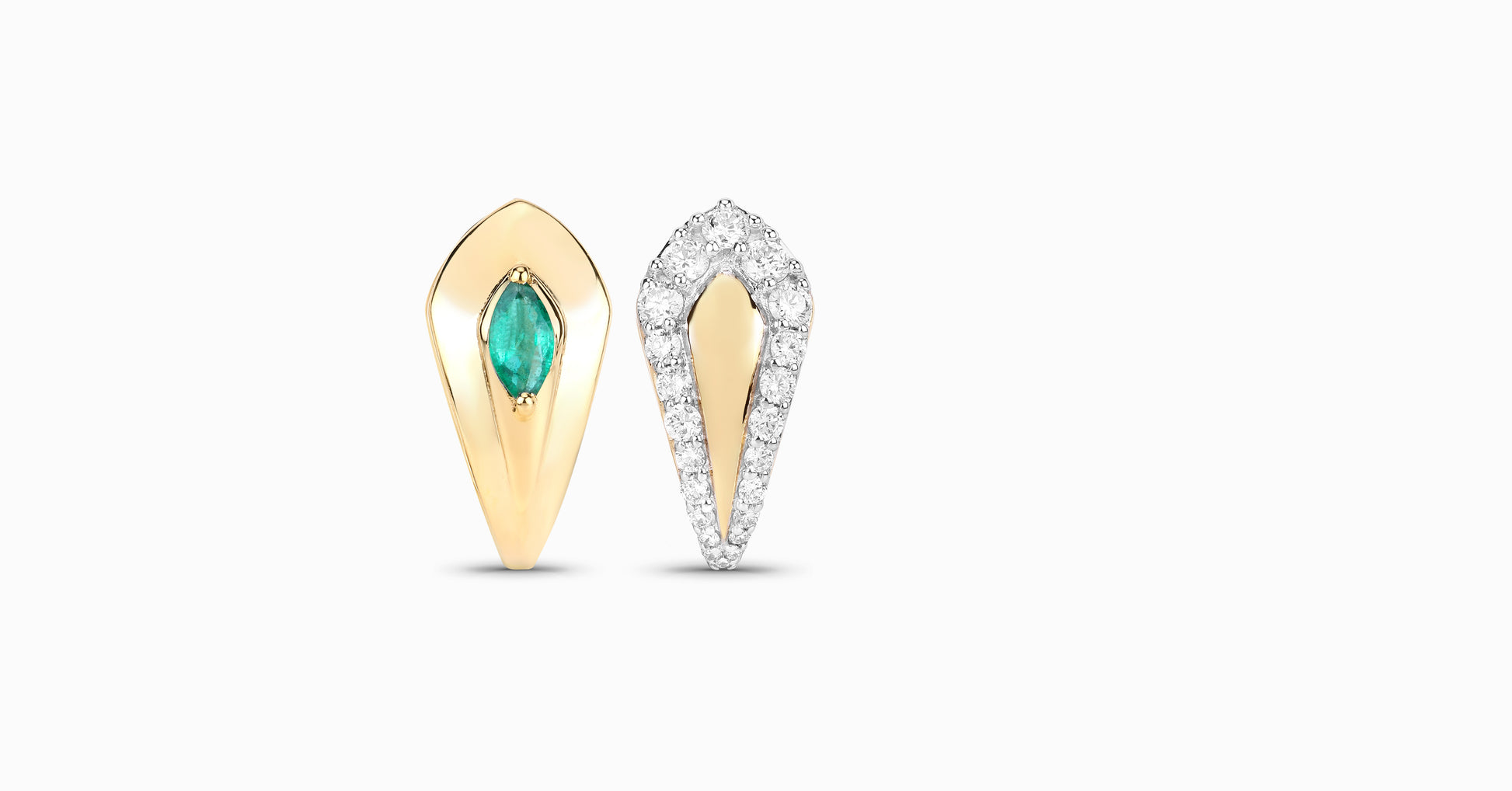 14kt yellow gold earrings with marquise-shaped emerald and pave diamonds