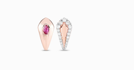 14kt rose gold earrings with marquise-shaped ruby and pave diamonds
