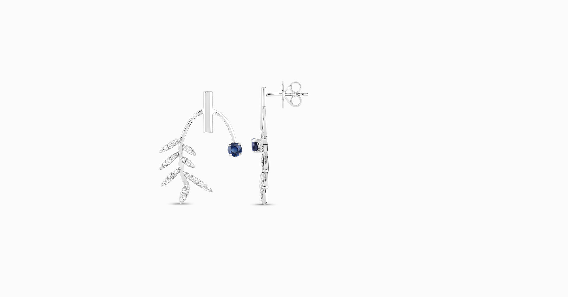 14kt white gold earrings with round-shaped sapphire and pave diamonds