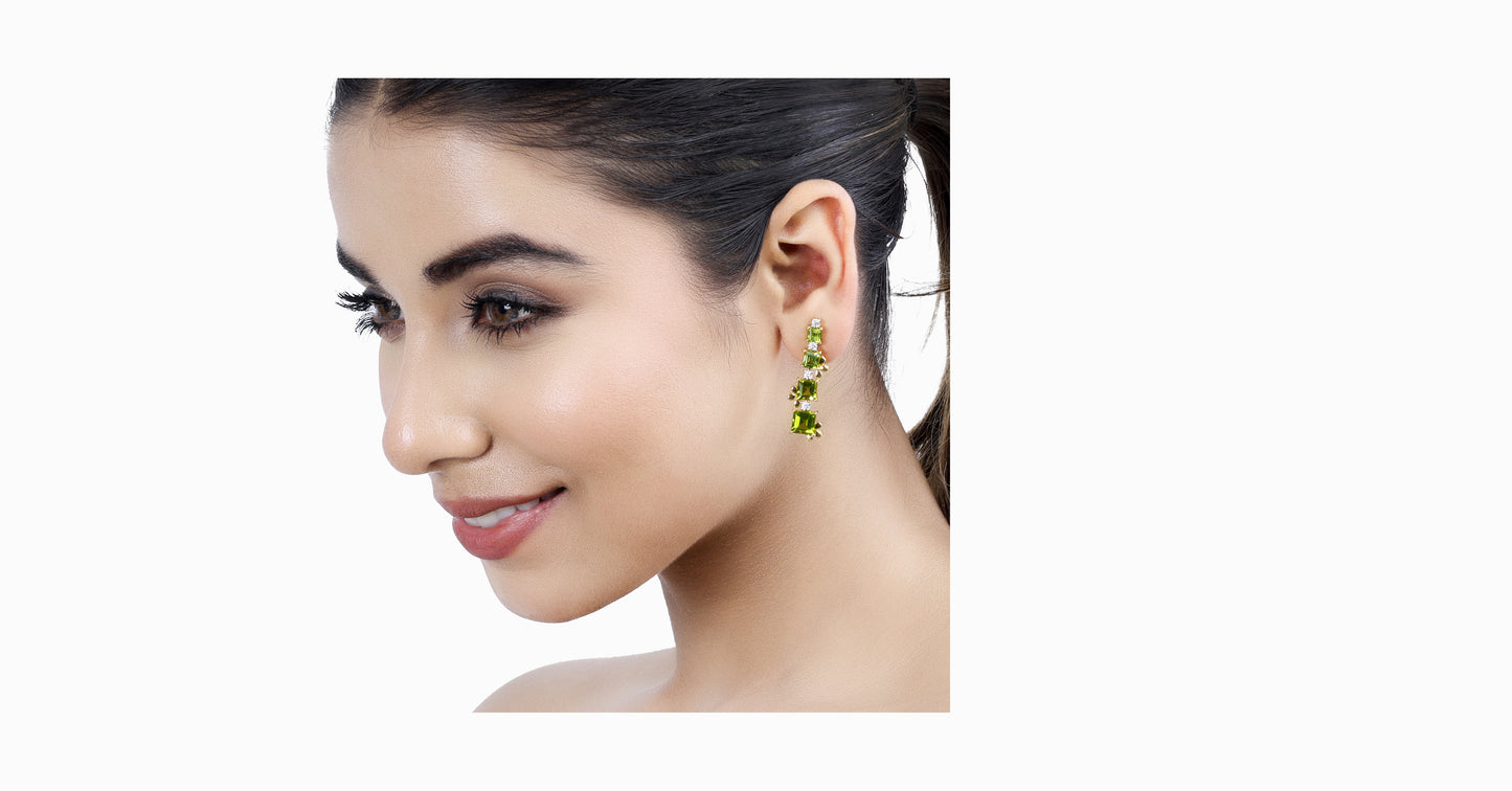 14kt yellow gold earrings with square-shaped peridot and diamonds