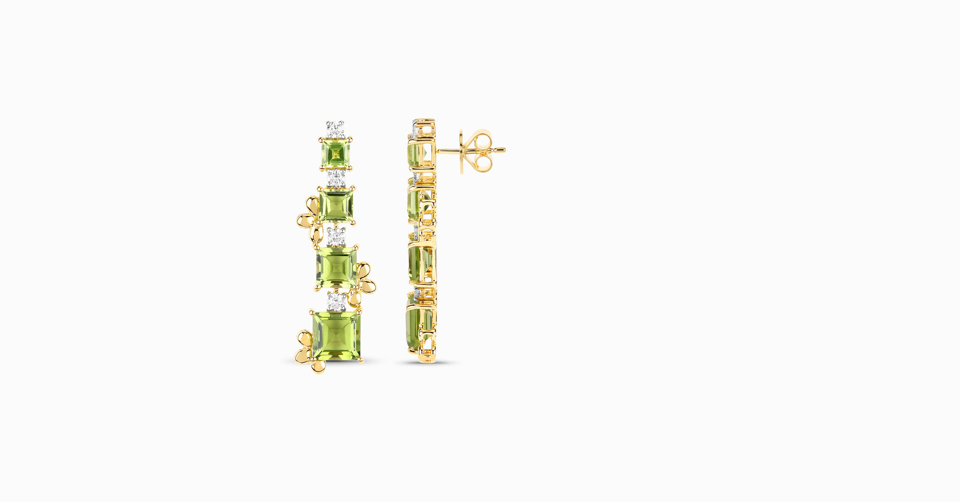 14kt yellow gold earrings with square-shaped peridot and diamonds