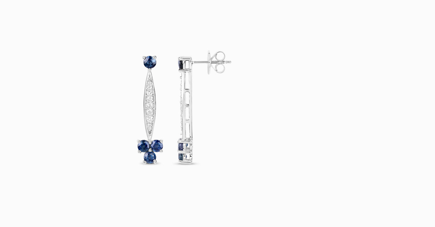 14kt white gold earrings with round-shaped sapphire and pave diamonds