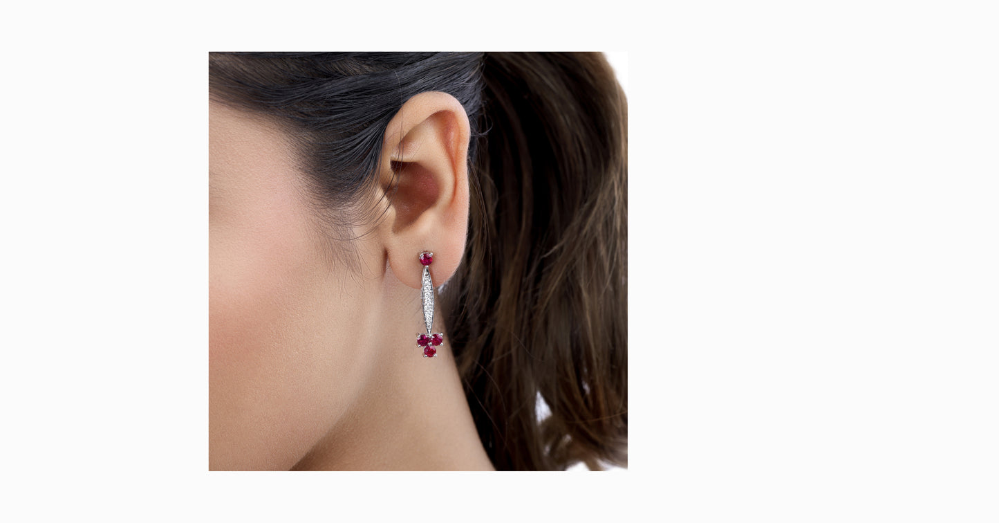 14kt white gold earrings with round-shaped ruby and pave diamonds