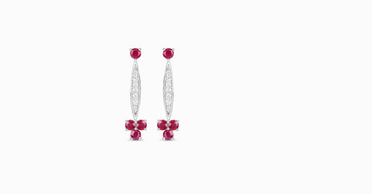 14kt white gold earrings with round-shaped ruby and pave diamonds