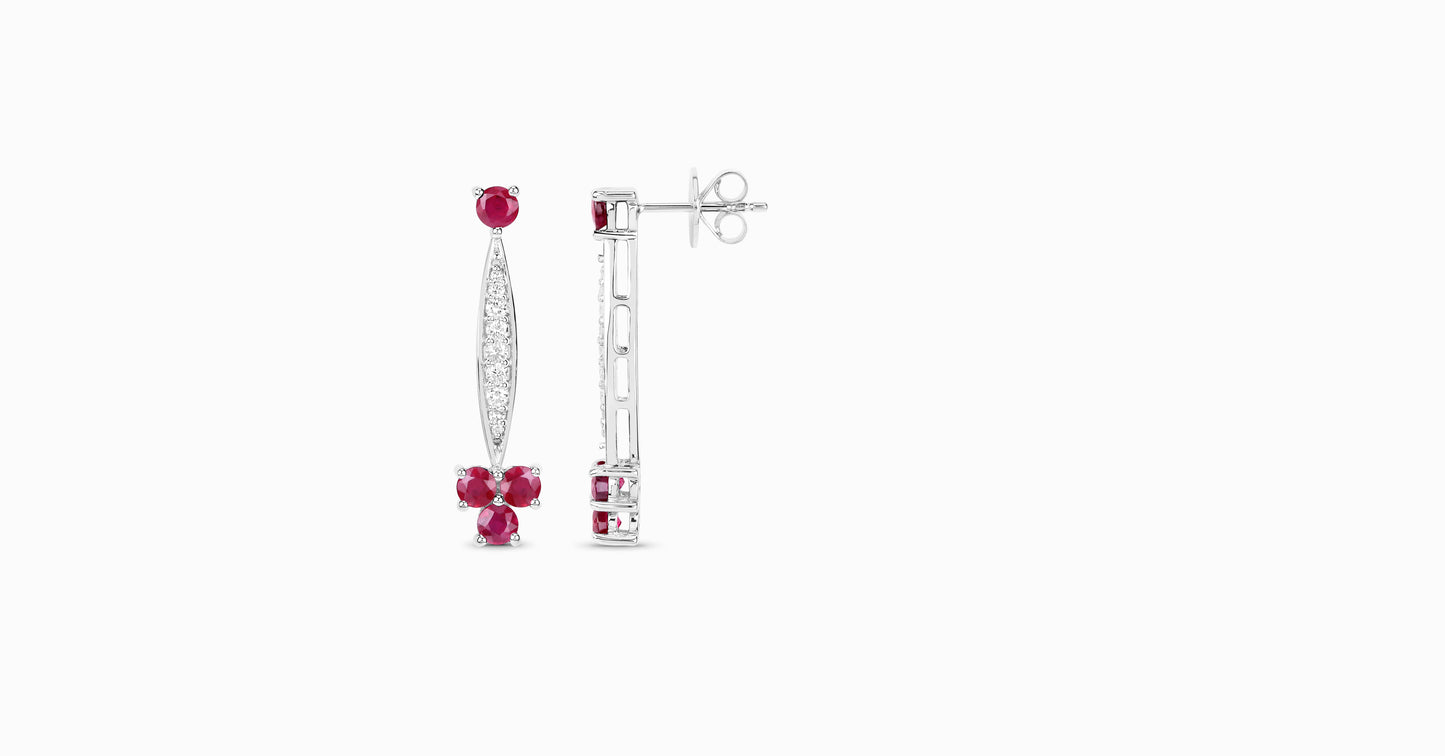 14kt white gold earrings with round-shaped ruby and pave diamonds