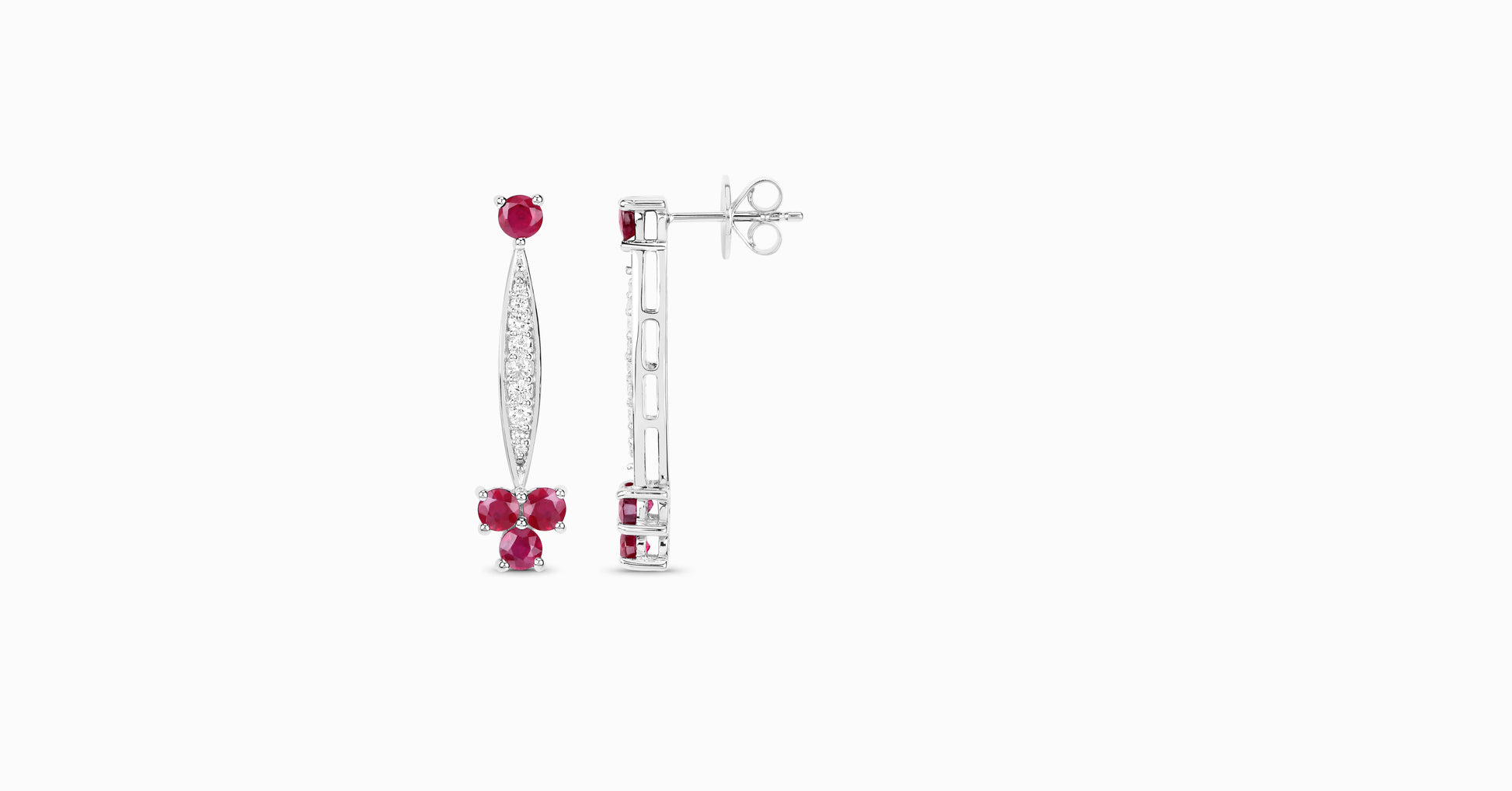 14kt white gold earrings with round-shaped ruby and pave diamonds
