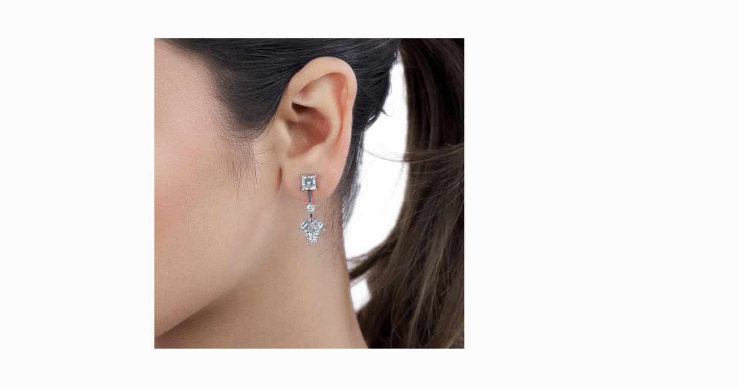 14kt white gold earrings with square-shaped, marquise-shaped aquamarine and diamonds