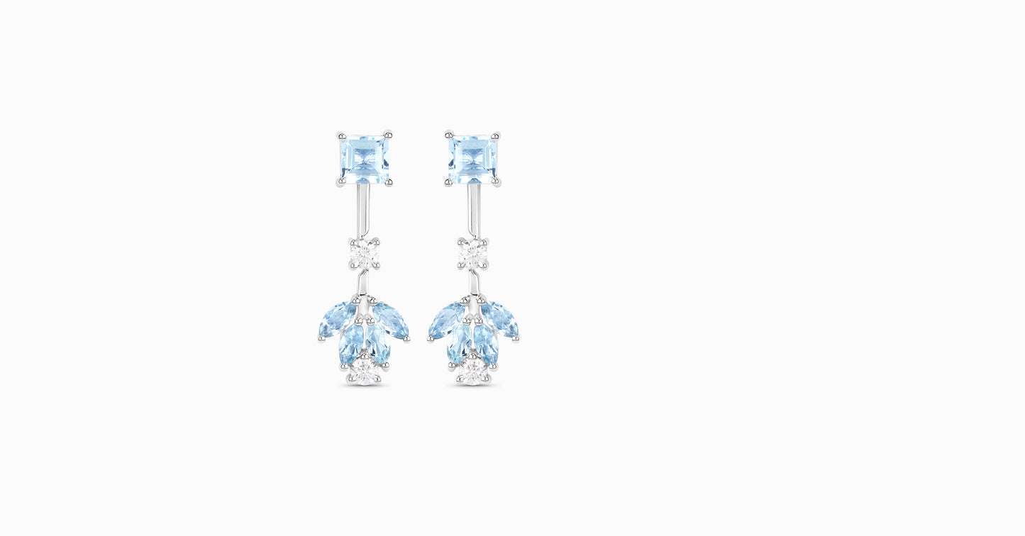 14kt white gold earrings with square-shaped, marquise-shaped aquamarine and diamonds