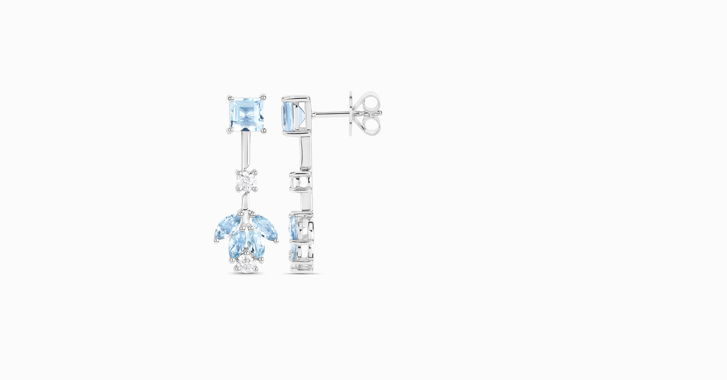 14kt white gold earrings with square-shaped, marquise-shaped aquamarine and diamonds