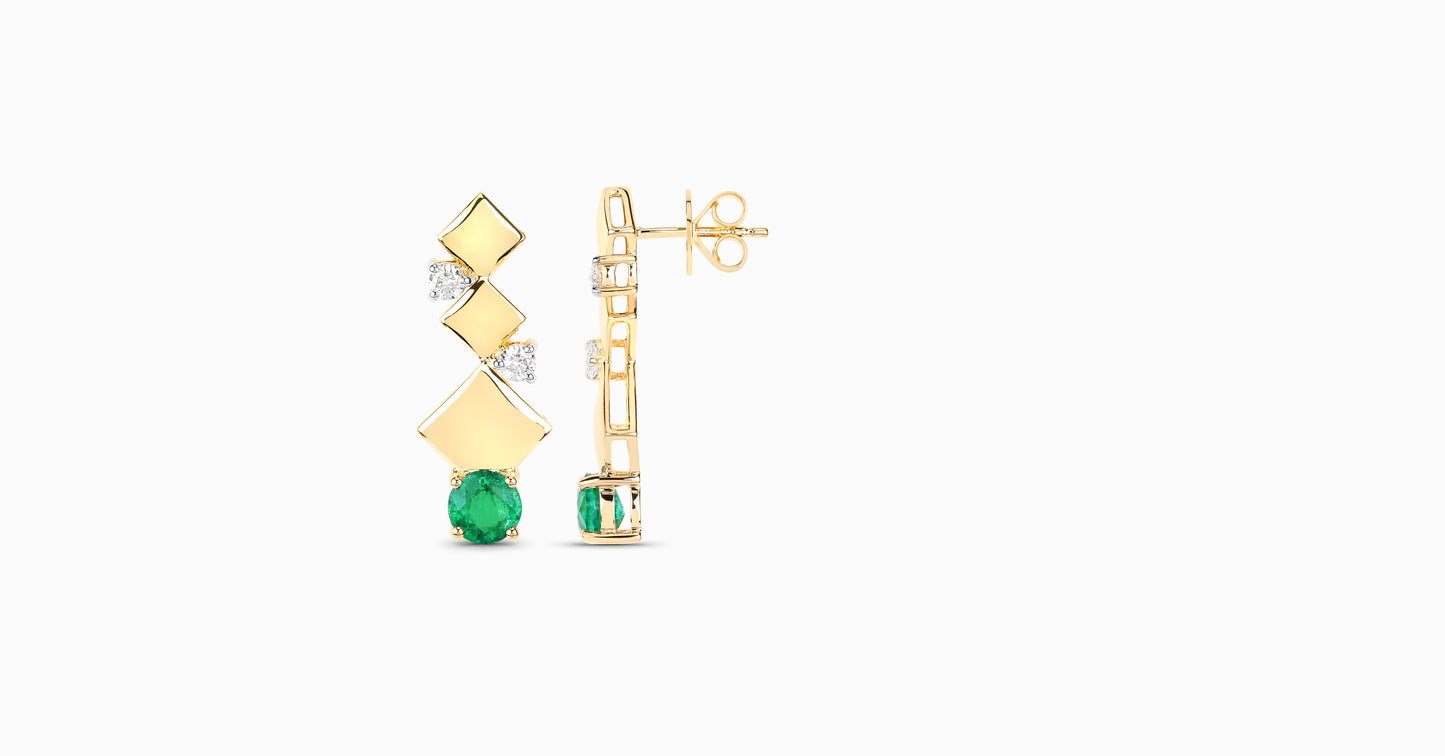 14kt yellow gold earrings with round-shaped emerald and diamonds
