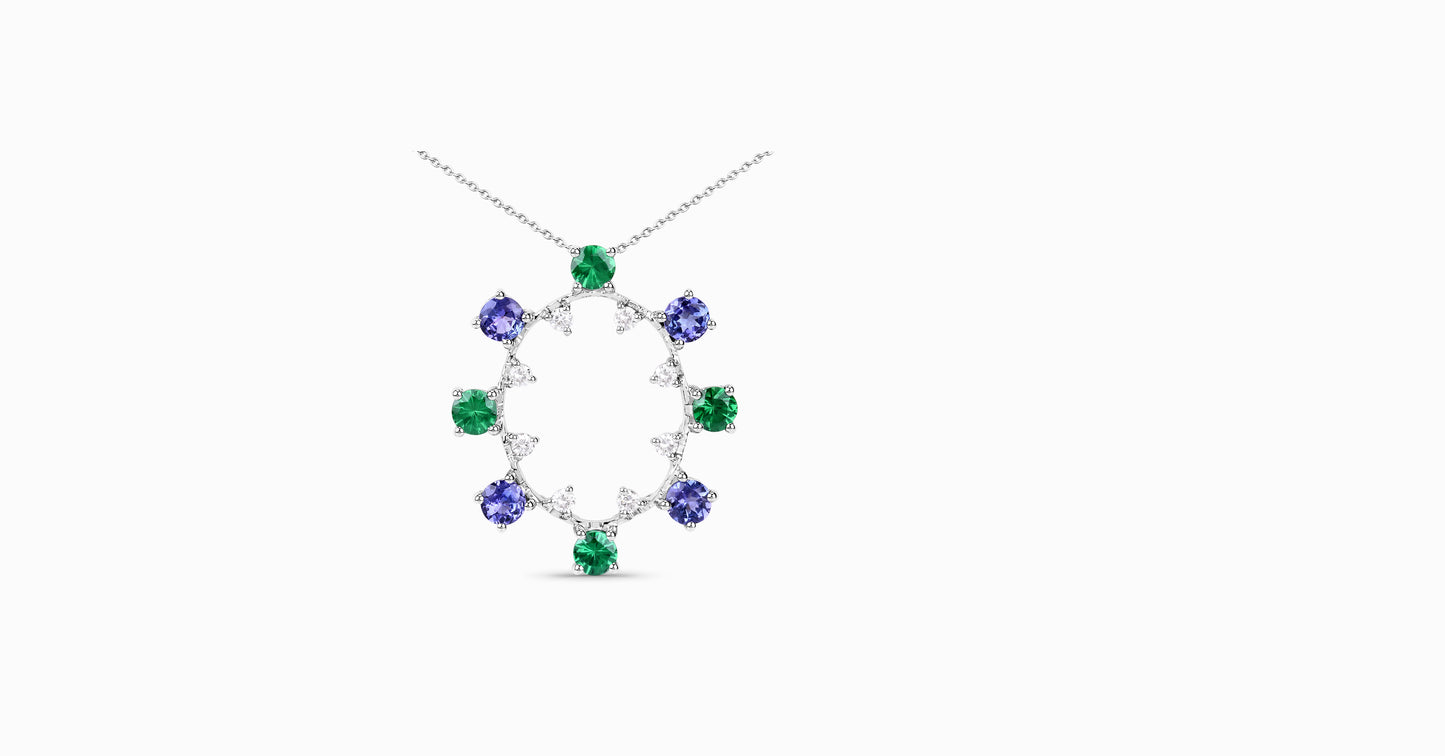 14kt white gold pendant with round-shaped Tanzanite, Tsavorite and diamonds