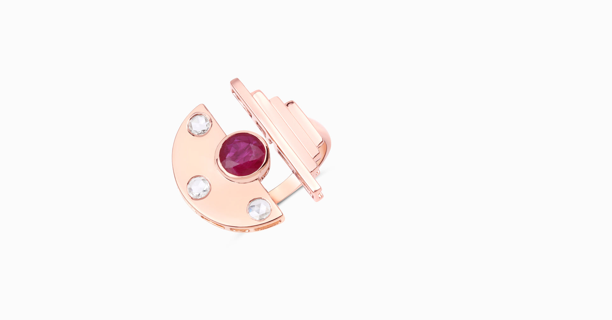 14kt rose gold ring with round-shaped ruby and bezel diamonds