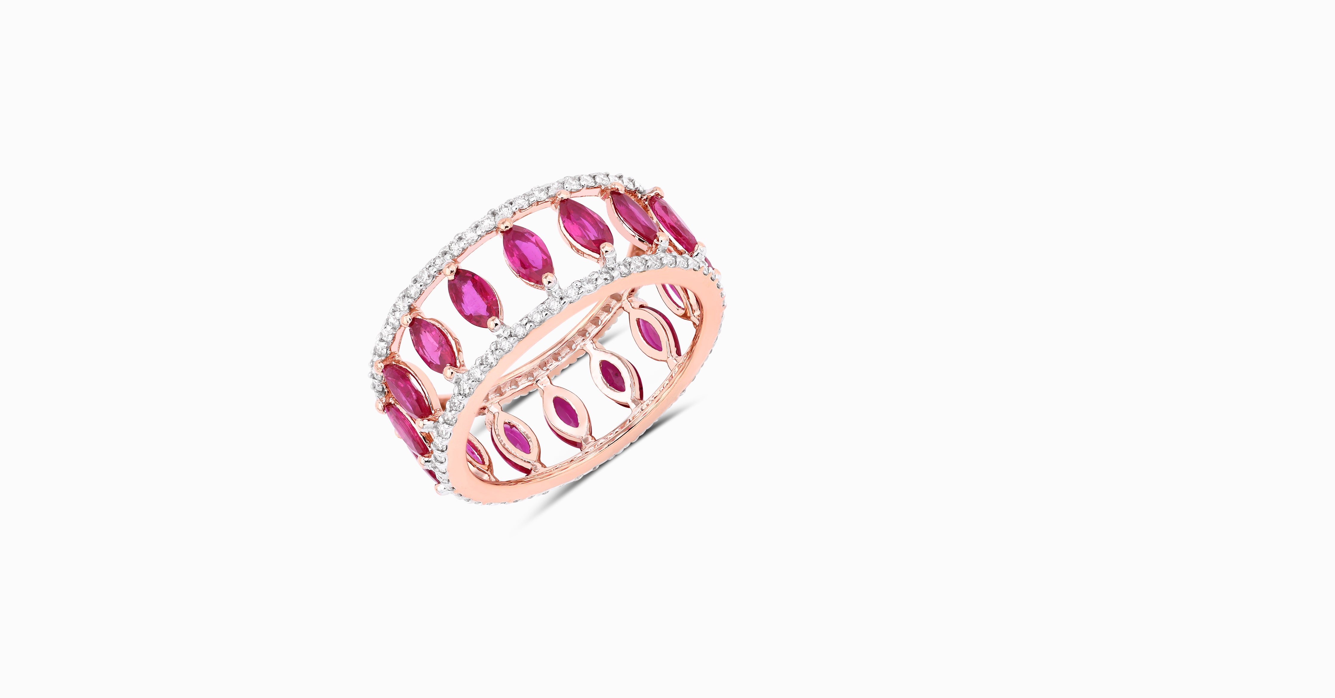 14kt rose gold ring with round-shaped diamonds and marquise-shaped ruby