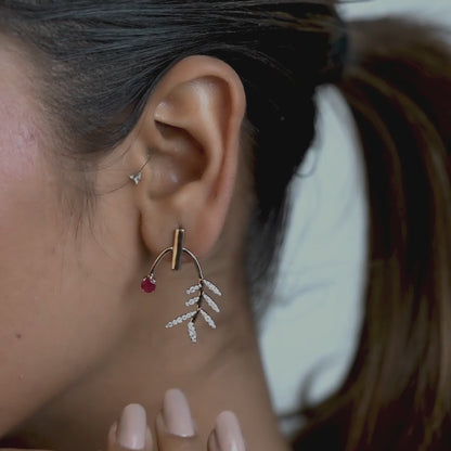 14kt rose gold earrings with round-shaped ruby and pave diamonds